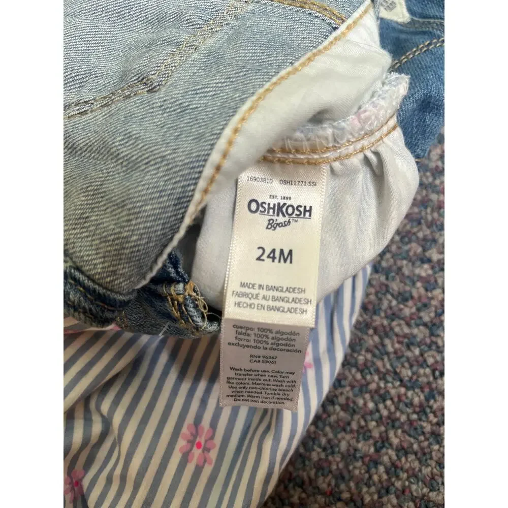OshKosh Vestbak Denim Overall Dress Blue Striped Lace Trim 24 month